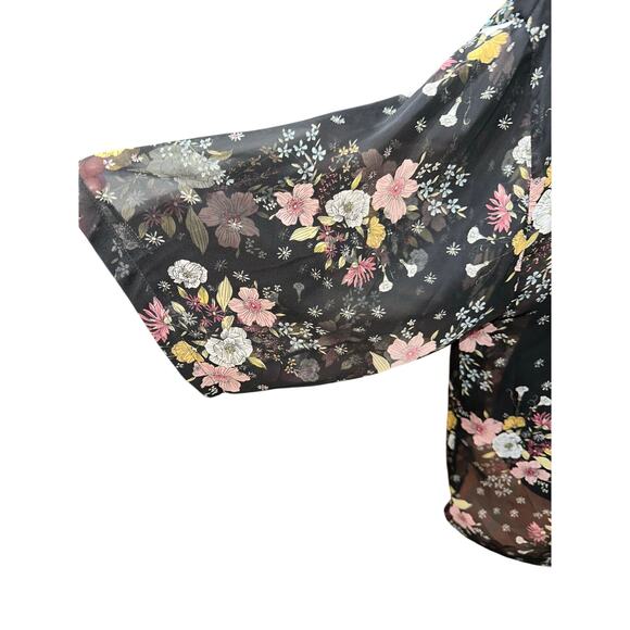 Mudd Kimono Black Floral Sheer Satin Trim One Size Dark Romantic Whimsygoth Boho - Picture 3 of 6